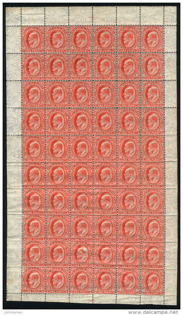 Sc.23, 1904/7 Edward VII 1p. Red With Vertical Watermark, Complete Sheet Of 60 Mint Values, With Perforations... - Falklandeilanden