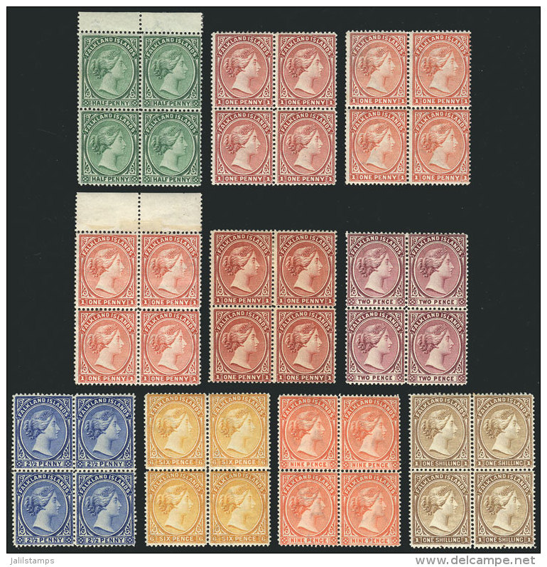 Sc.8 + 11 + 11B + 12 + 12a + 13 + 15 + 16 + 17 + 18, All In Mint BLOCKS OF 4 With 2 MNH Stamps And 2 Lightly... - Falklandinseln