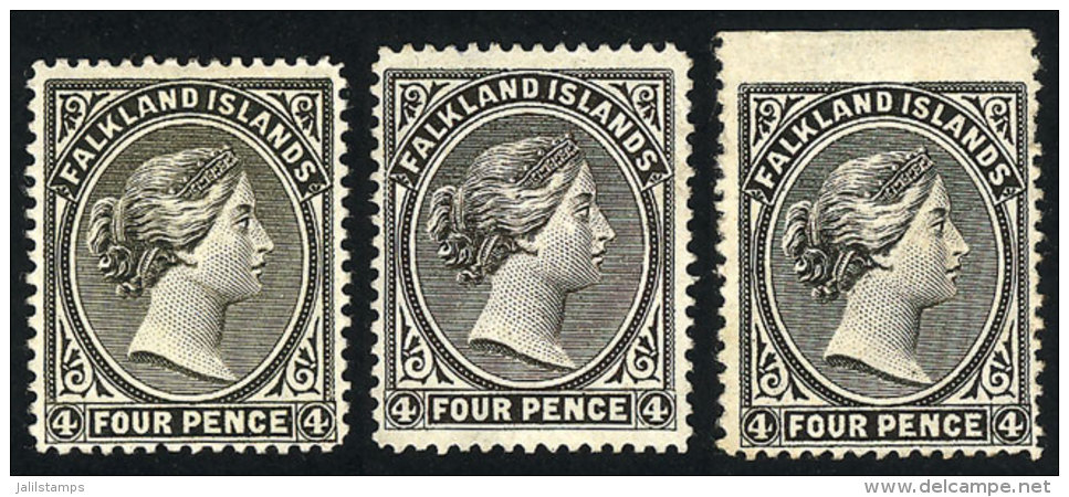 Sc.6 + 6a + 6b, 1883/95 Victoria 4p. With Right Watermark, 3 Mint Examples, Colors Olive Gray, Black-gray And... - Falkland