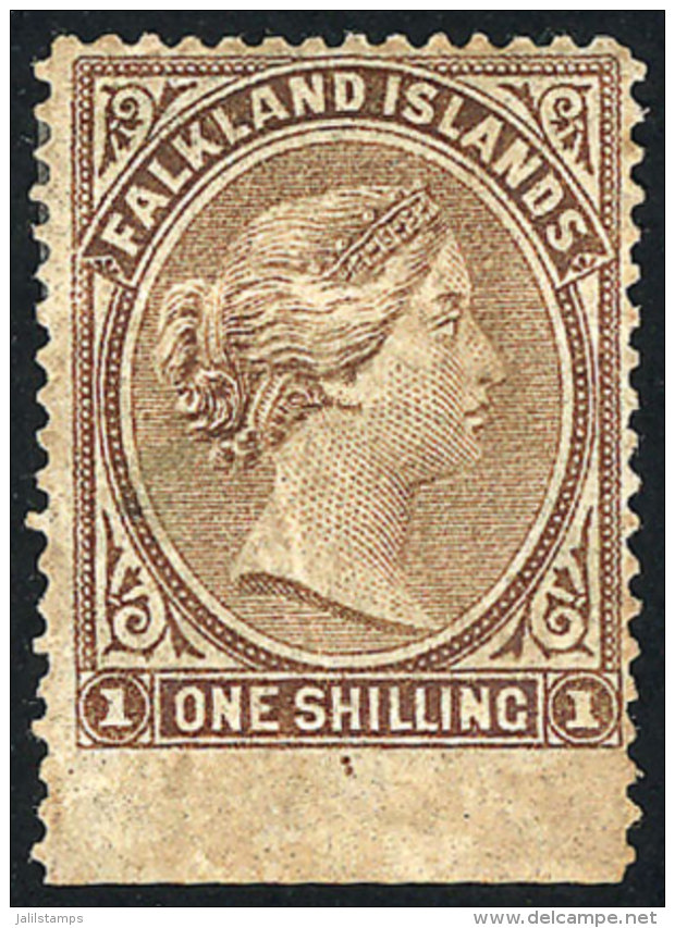 Sc.4, 1878/9 1S. Bistre Unwatermarked, Mint Original Gum, VF, With Sheet Margin Below Imperforate! - Falklandeilanden