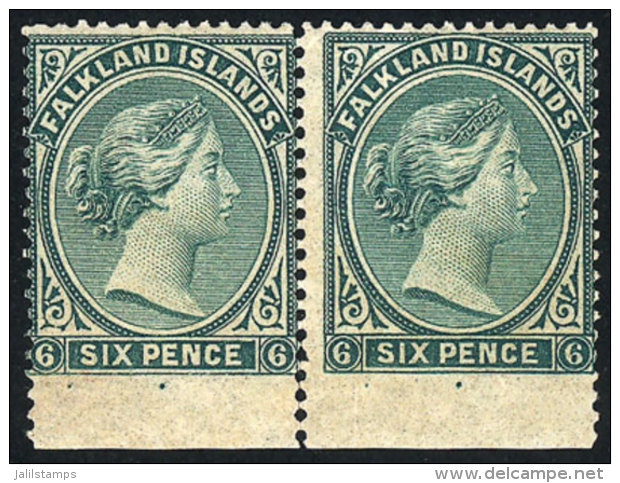 Sc.3, 1878/9 6p. Green Unwatermarked, Beautiful Mint Pair With Sheet Margin Below Imperforate, With Full Original... - Falkland