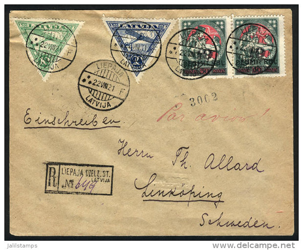 Registered Airmail Cover Sent From Liepaja To Sweden On 22/AU/1921 With Very Nice Postage Including Sc.C1/C2,... - Lettonie