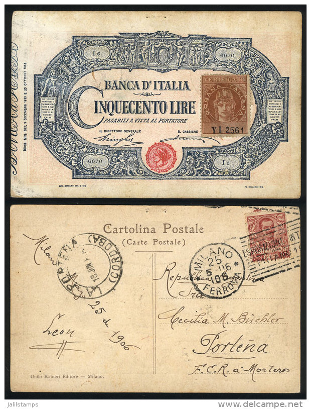 Old Postcard Illustrated With View Of CHECK Of Banca D&acute;Italia, Sent From Milano To Porte&ntilde;a (Argentina)... - Sonstige & Ohne Zuordnung