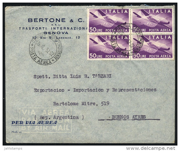 Airmail Cover Sent From Genova To Argentina On 29/DE/1952, Franked With Block Of 4 Of Airmail 50L. Violet, VF... - Non Classés