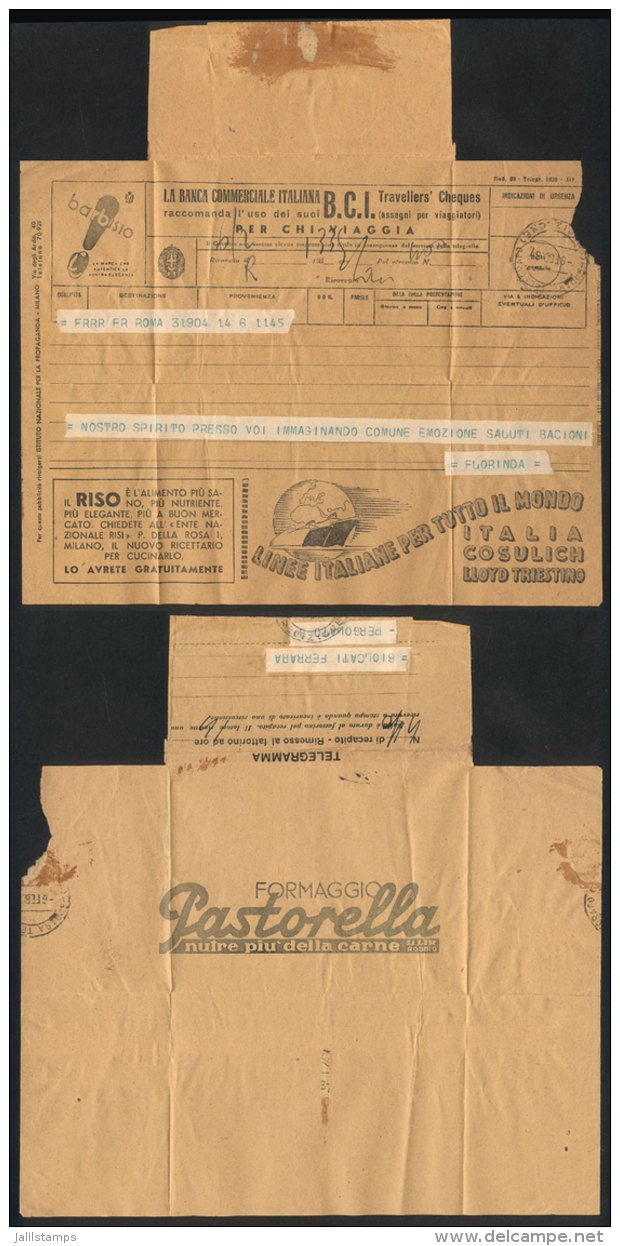 Telegram Sent From Roma To Pergolato On 6/FE/1938, With Interesting Printed ADVERTISING: Ships (Cosulich Line,... - Zonder Classificatie