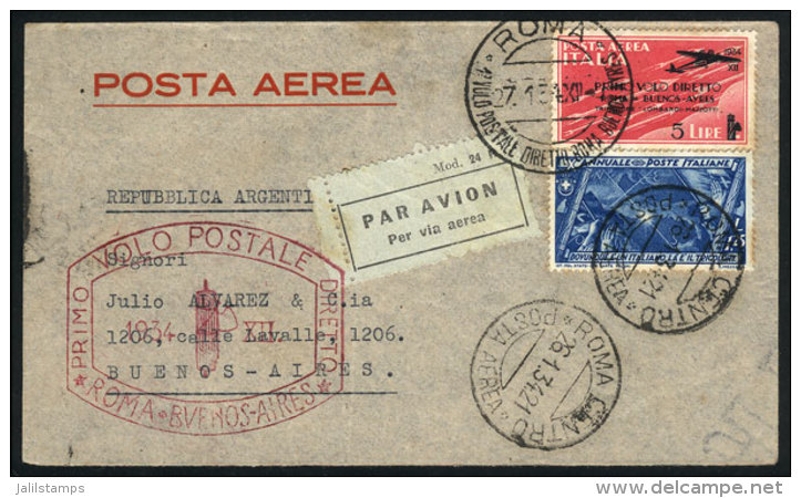 27/JA/1934 Roma - Buenos Aires: First Direct Flight, With Special Marks On Front And Back, VF Quality! - Non Classés