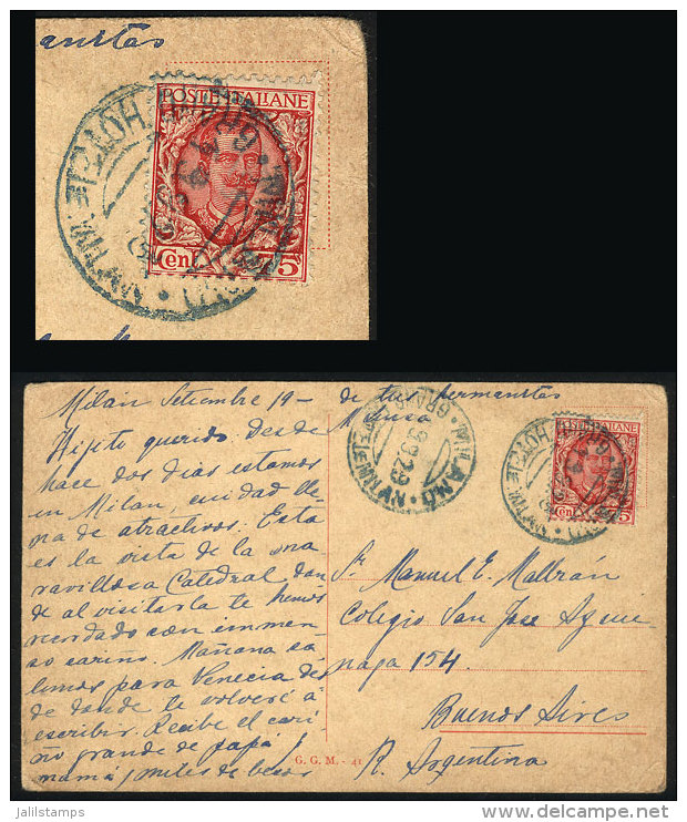 Postcard Sent From Milano To Argentina On 19/SE/1929 Franked With 75c., With Blue HOTEL Cancel: "MILANO - HOTEL... - Zonder Classificatie