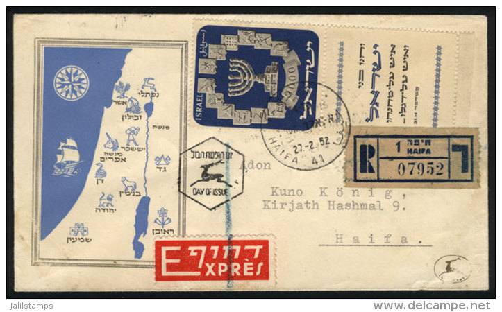Sc.55, 1000p. With Tab And Sheet Margin, On A FDC Used In Haifa On 27/FE/1952, Very Nice! - Autres & Non Classés
