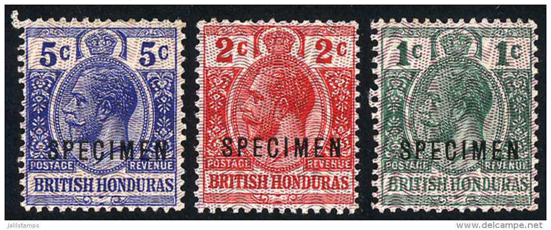 Sc.85/87, 1915 Cmpl. Set Of 3 Values With SPECIMEN Ovpt., Mint No Gum, VF Quality! - Honduras Britannique (...-1970)