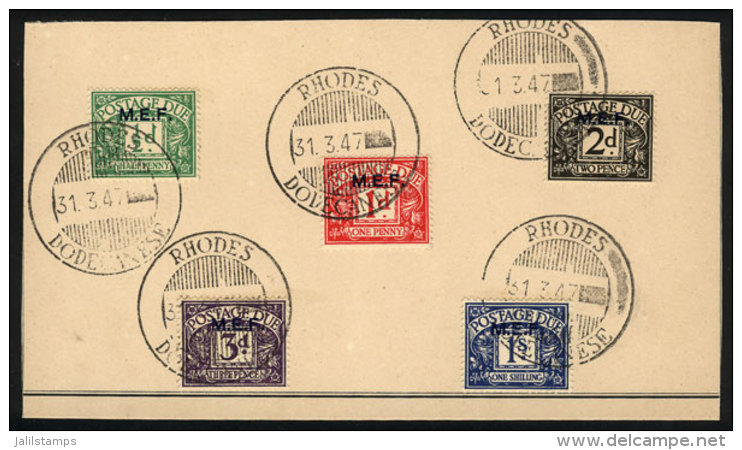 Sc.J1/J5, The Complete Set On A Card With Postmarks Of Rhodes 31/MAR/1947, The Last Day Of The British Occupation! - Strafportzegels