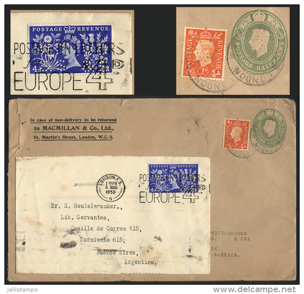 2 Covers Sent To Argentina In 1939 And 1953, Franked With Stamps With Commercial PERFINS: "MM" And "WD &amp; S",... - Andere & Zonder Classificatie