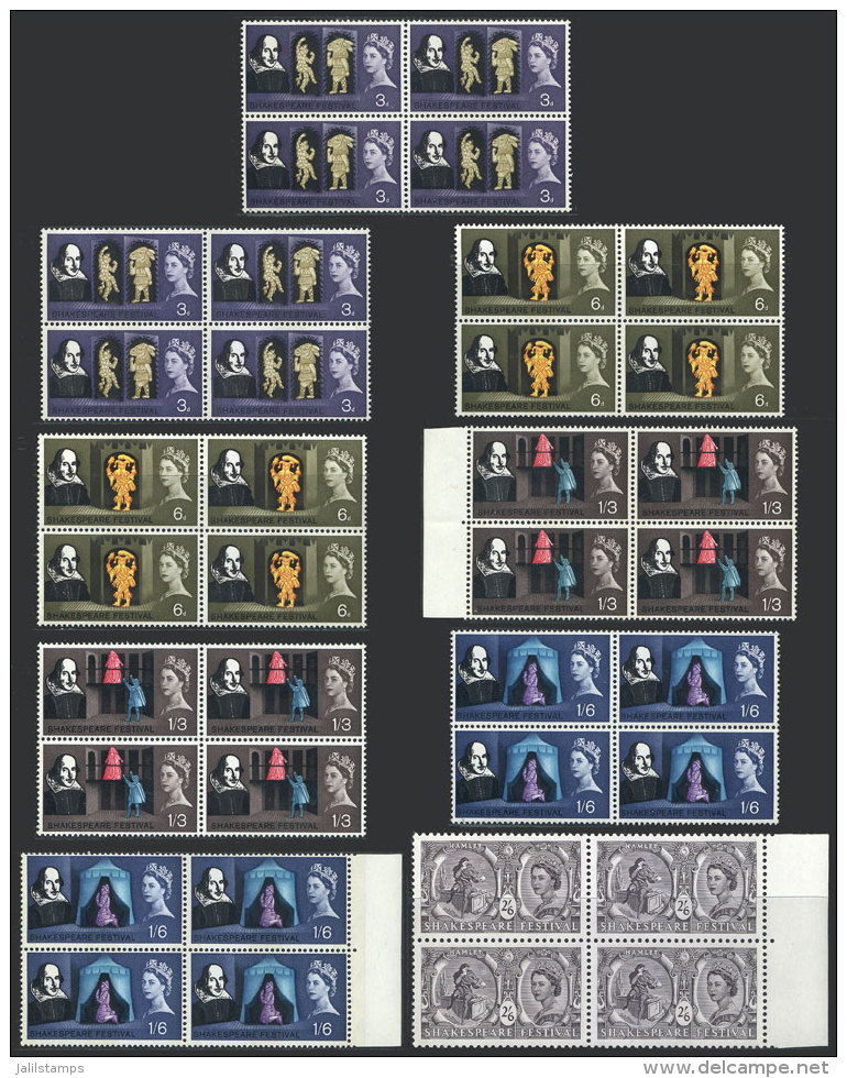 Sc.402/6 + 402p/5p, 1964 Shakespeare, Complete Set Of 9 Values With And Without Phosphor Bands, Blocks Of 4 Of... - Andere & Zonder Classificatie
