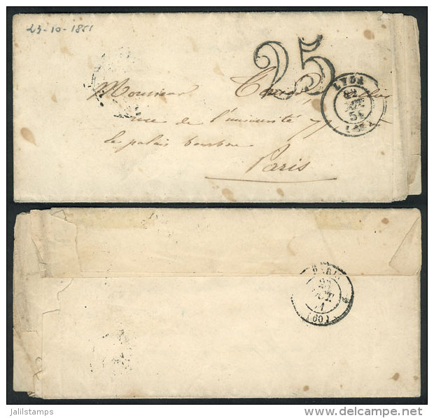 Entire Letter Dated 21/OC/1851 To Paris, With "25" Mark And Handstamped LYON 22/OC/1852 (ERROR In The Year), With... - Andere & Zonder Classificatie