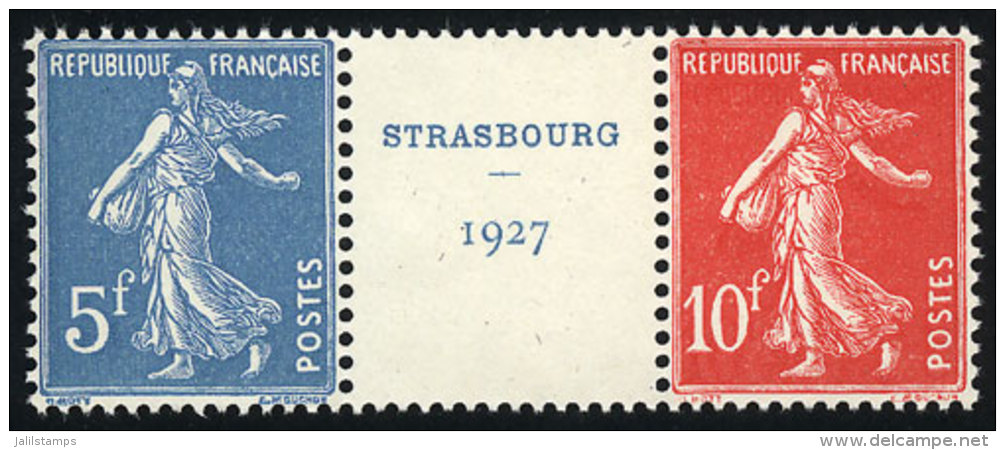 Sc.241a + 241b, 1927 Strasbourg Philatelic Expo, The Set Of 2 Values In Strip With Central Cinderella, From The... - Autres & Non Classés