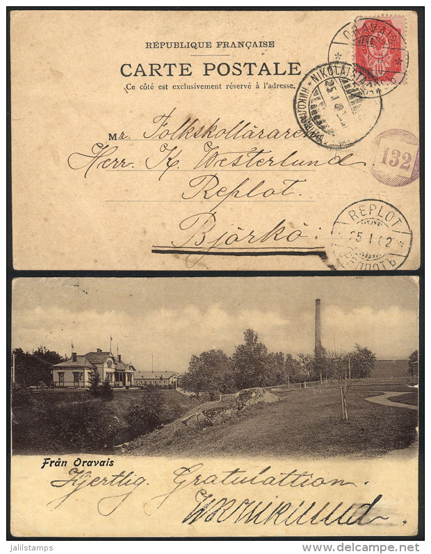 Postcard (view Of "Fran Oravais") Sent From ORAVAIS To Bjorko On 24/JA/1902, With Interesting Postal Markings, VF... - Sonstige & Ohne Zuordnung