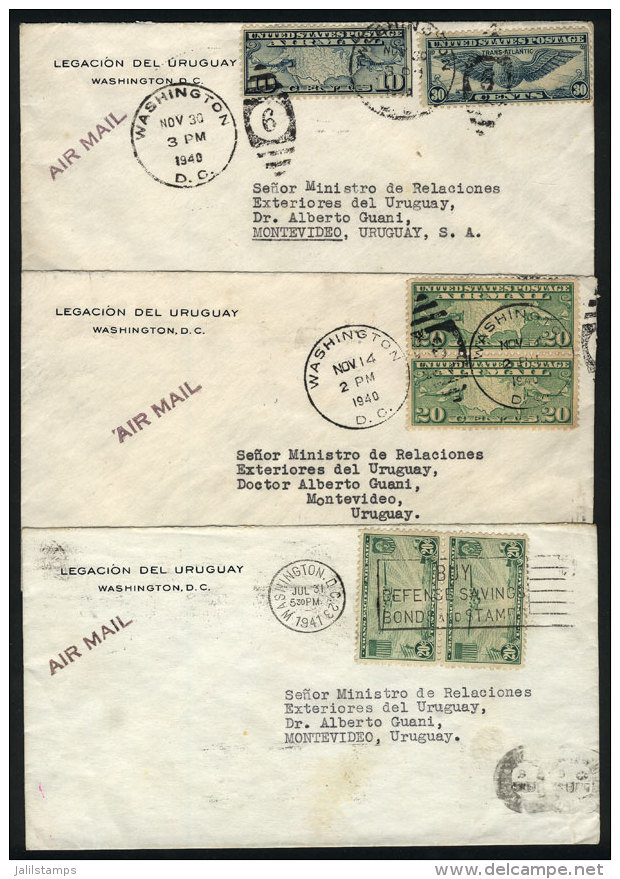 3 Airmail Covers Sent From Washington DC To Uruguay In 1940/1, VF Quality! - Autres & Non Classés