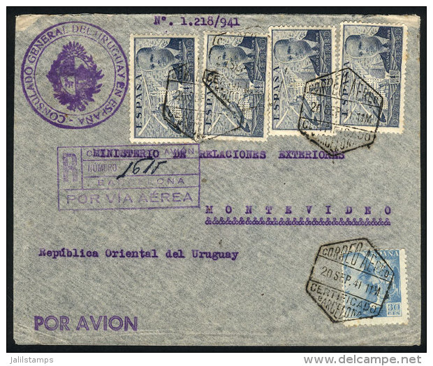 Registered Airmail Cover Sent From Barcelona To Uruguay On 20/SE/1941, Very Nice! - Andere & Zonder Classificatie