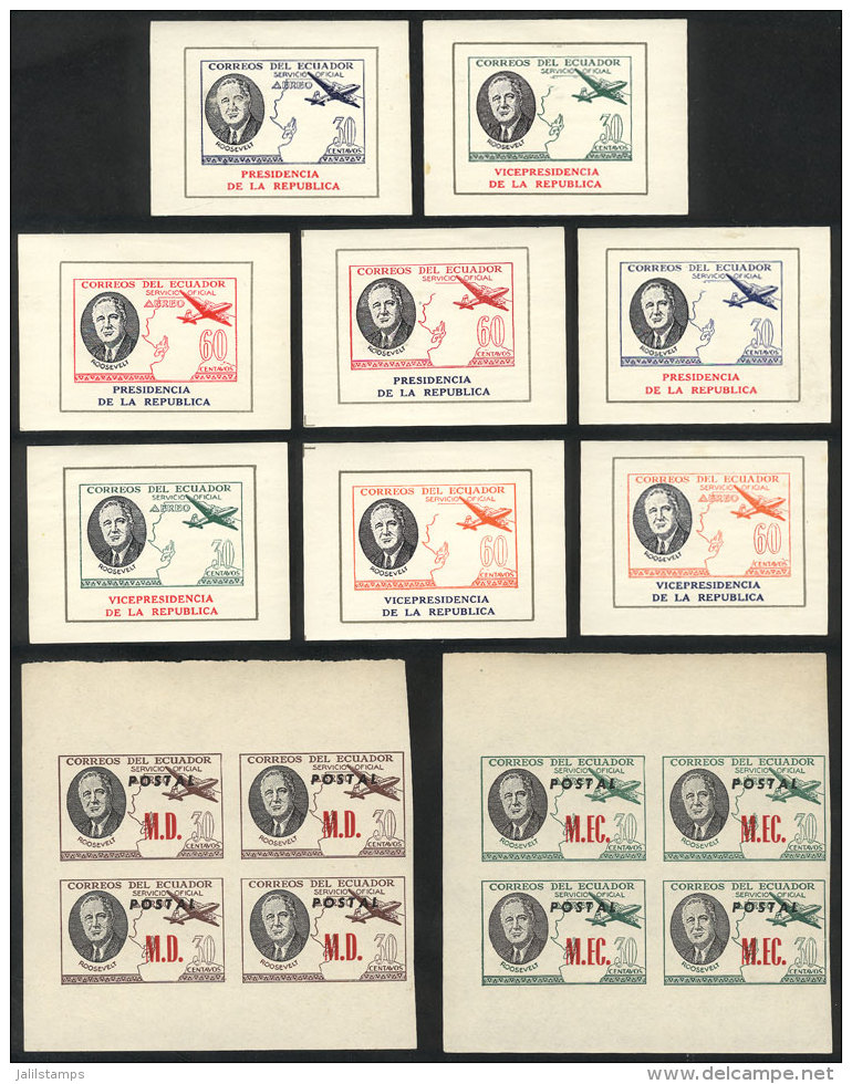 Year 1949, Roosevelt, Complete Set Of 20 Values In Blocks Of 4 + Complete Set Of 8 Souvenir Sheets + 10 Different... - Ecuador