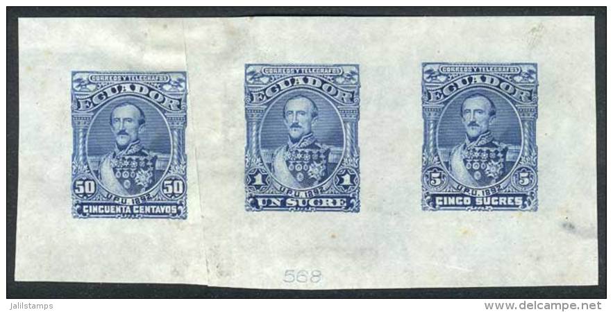 Multiple Die Proof With Values 50c., 1S. And 5S. (Sc.28/30), Printed In Blue On Thin Paper, Numbered 568. The Left... - Equateur