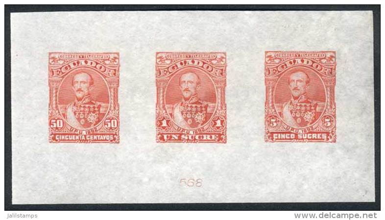 Multiple Die Proof With Values 50c., 1S. And 5S. (Sc.28/30), Printed In Red On Thin Paper, Numbered 568, Excellent... - Ecuador