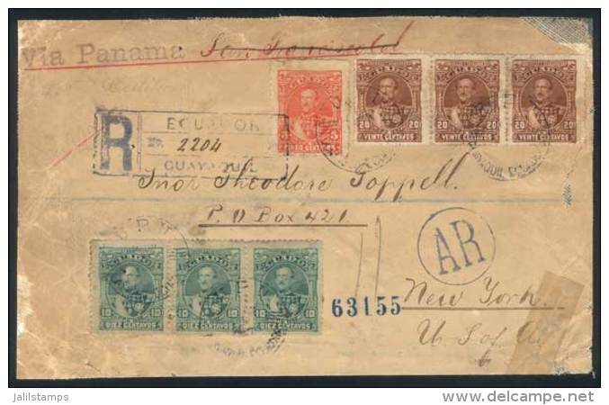 Front Of Registered Cover With AR, Franked By Sc.25 (5c.) + Strip Of 3 Sc.26 (10c.) + Strip Of 3 Sc.27 (20c.),... - Ecuador