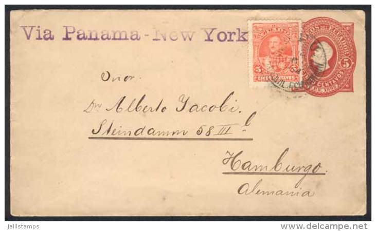 5c. PS Cover + Sc.25 (5c. Of 1892), Sent From Guayaquil To Germany On 6/AU/1892, With New York Transit Of 20/AUG... - Equateur