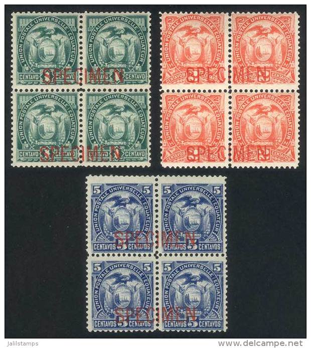 Sc.19 + 20 + 21, Blocks Of 4 Mint Never Hinged Overprinted SPECIMEN, VF Quality! - Equateur