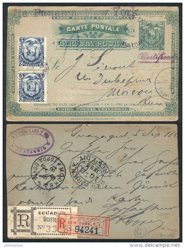 3c. Postal Card (PS) + 5c. X2 (Sc.14), Sent From Guayaquil To RUSSIA On 19/JA/1896 By REGISTERED Mail, With New... - Equateur