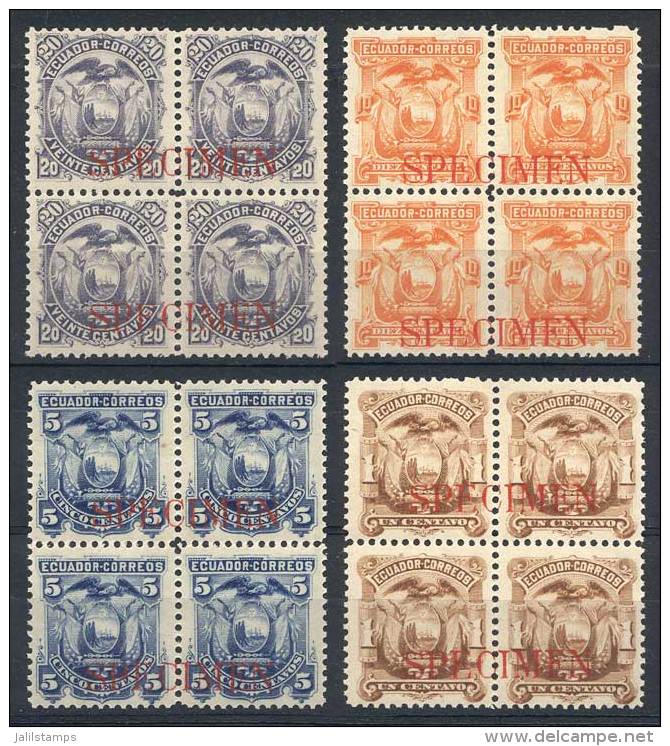 Sc.12 + 14/16, Mint Never Hinged Blocks Of 4 With Red SPECIMEN Overprint, Superb! - Ecuador