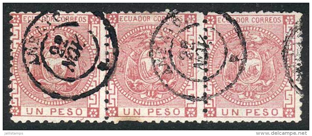 Sc.11, 1P. Rose, Used STRIP OF 3 With Datestamp Of AMBATO, VF Quality, Rare! - Ecuador