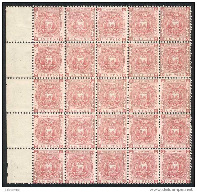 Sc.11, 1P. Rose, Fantastic BLOCK OF 25 Examples With Left Sheet Margin, Most Are Mint Never Hinged (few With Hinge... - Equateur