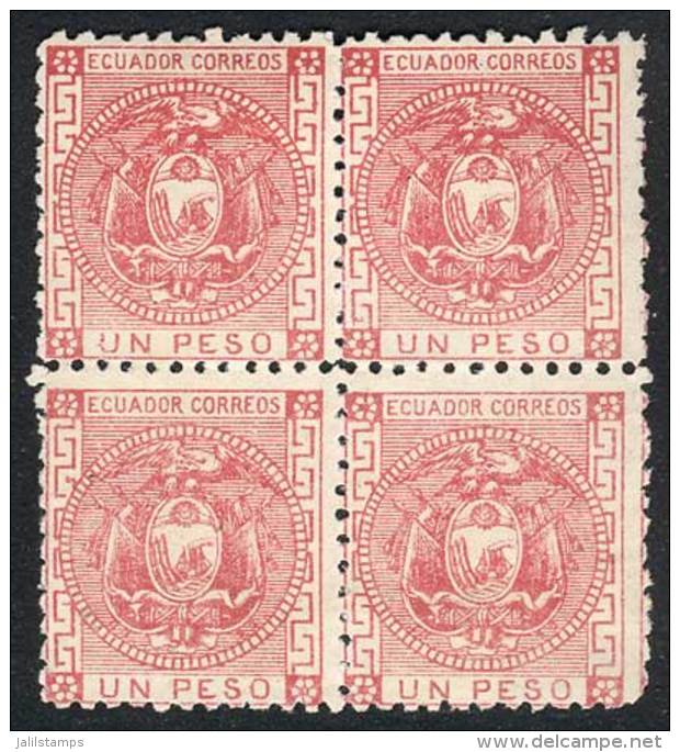 Sc.11, 1P. Rose, Mint BLOCK OF 4 With Full Original Gum, 2 Stamps Hinged, The Other 2 Never Hinged, Excellent... - Ecuador