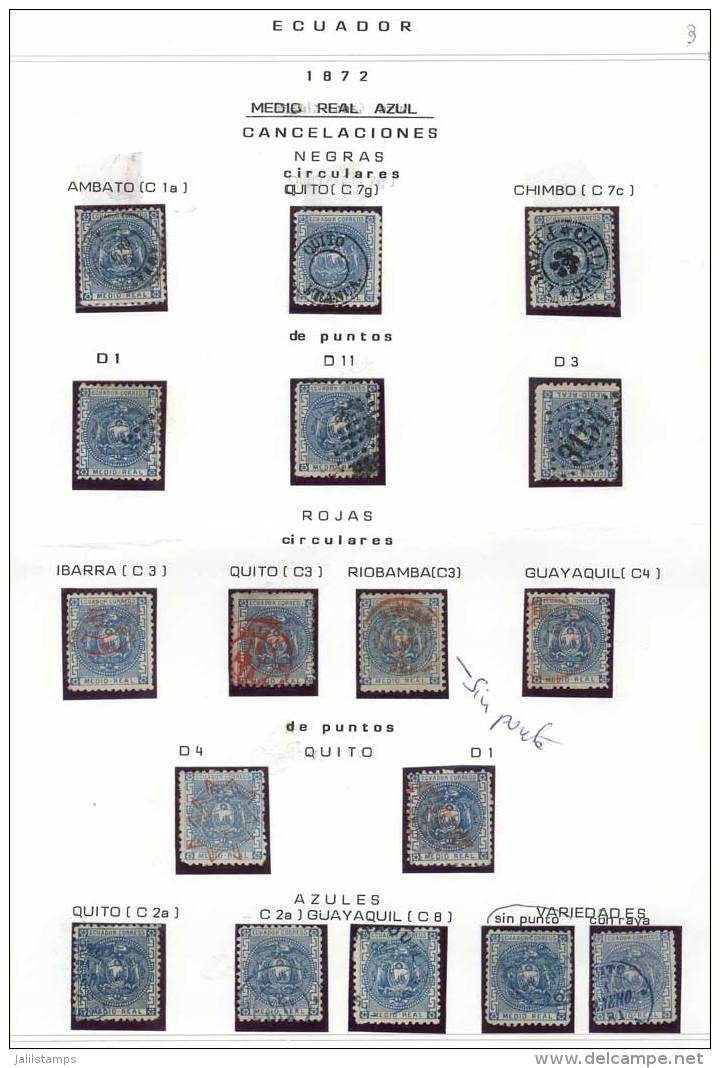 Sc.9, Album Page With 19 Examples With Very Interesting Cancels: Ambato, Chimbo, French Numeral "3154", Ibarra,... - Ecuador