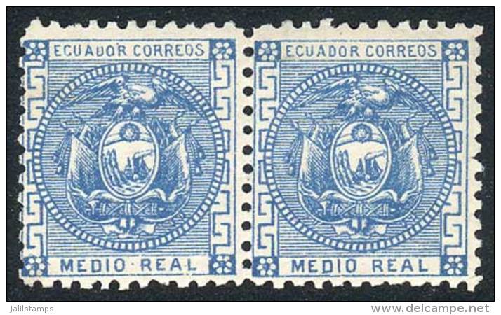 Sc.9, &frac12; Real Blue, Fantastic PAIR Mint With Full Original Gum, Very Rare, One Of The Few Known Mint... - Equateur