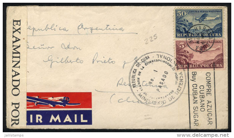 Airmail Cover Sent From Habana To Argentina On 9/JUN/1945 Franked With 55c., With Local CENSOR Label, VF! - Sonstige & Ohne Zuordnung