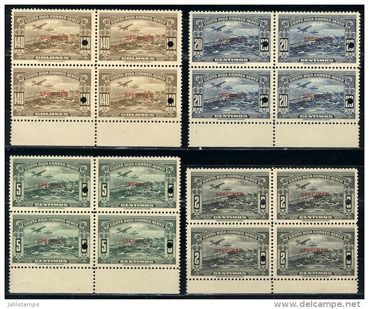 Sc.C31/38, 1937 Puntarenas Expo (airplane, Ship), Compl. Set Of 4 Values In Blocks Of 4 With SPECIMEN Overprint And... - Costa Rica