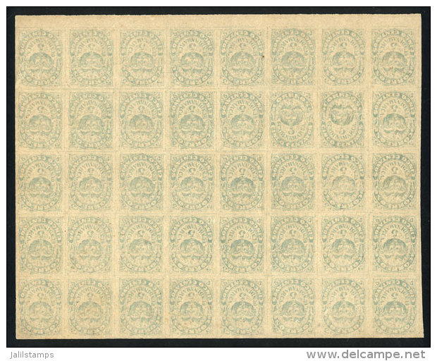 Sc.1, 1870 5c. Green-blue, Block Of 40 Printed On Horizontally Laid Paper, With Complete Watermark "Liberty Face",... - Kolumbien