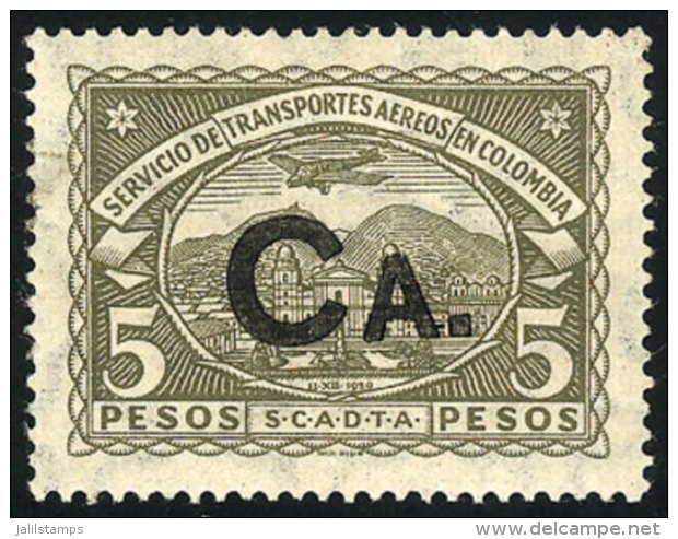 Sc.CLCA11, 1923 5P. Olive Green, Mint Of VF Quality, Very Rare, With Guarantee Signature Of Alberto Diena, Catalog... - Colombie