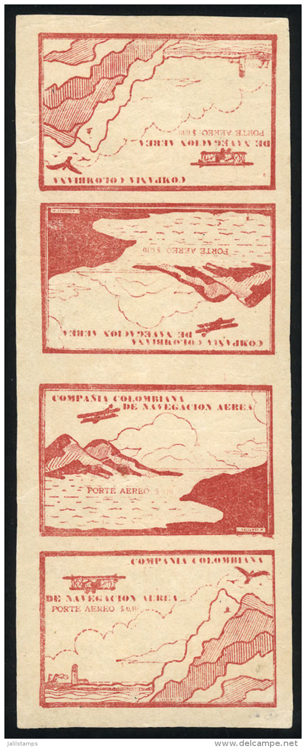 Yvert 11, 10c. Carminish Red (airplane And Mountains), Strip Of 4 Formed By Boths Types Printed In Tete-beche, 2... - Colombie