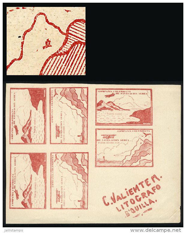 Yvert 11, 10c. Carminish Red (airplane And Mountains), Corner Block Of 6, With The 2 Different Cinderellas And The... - Colombie