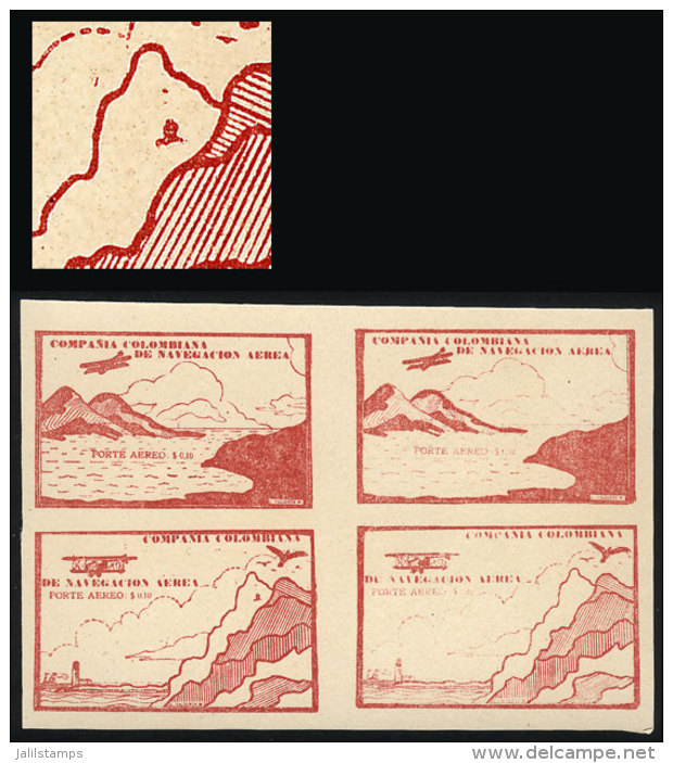 Yvert 11, 10c. Carminish Red (airplane And Mountains), Block Of 4 Of The 2 Different Cinderellas. The Lower Left... - Colombia