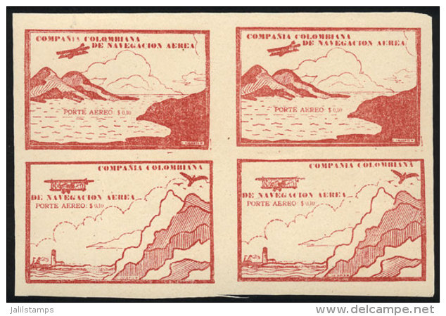 Yvert 11, 10c. Carminish Red (airplane And Mountains), Block Of 4 Of The 2 Different Cinderellas, Mint No Gum As... - Colombia