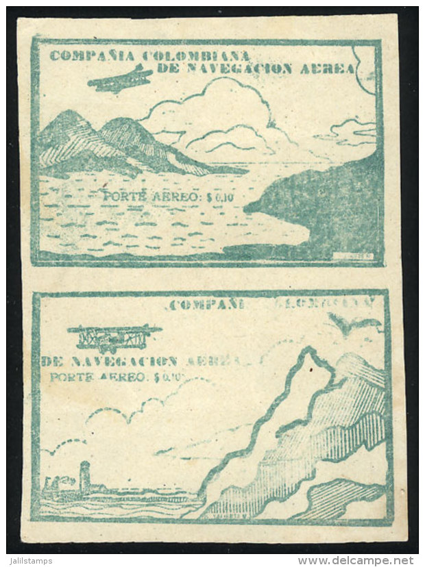 Yvert 10, 10c. Green (airplane And Mountains), Pair Of The 2 Different Cinderellas, Mint No Gum As Issued,... - Colombia