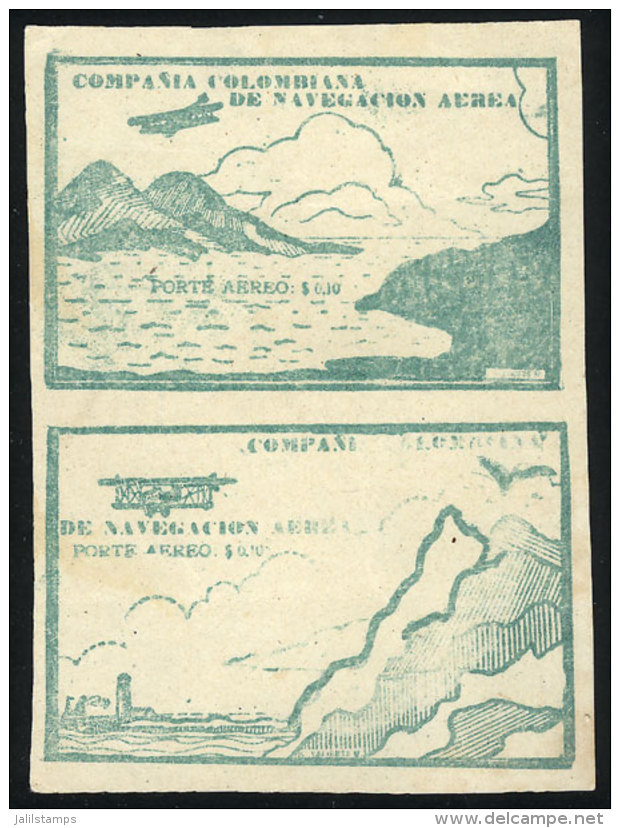 Yvert 10, 10c. Green (airplane And Mountains), Pair Of The 2 Different Cinderellas, Mint No Gum As Issued,... - Kolumbien