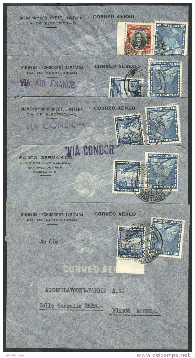 5 Covers Sent To Argentina In 1938, Very Fine Quality! - Chile