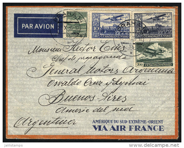 Airmail Cover Sent From Praha To Argentina On 23/OC/1936 Franked With 32.50K. By Air France (transit Backstamp Of... - Sonstige & Ohne Zuordnung