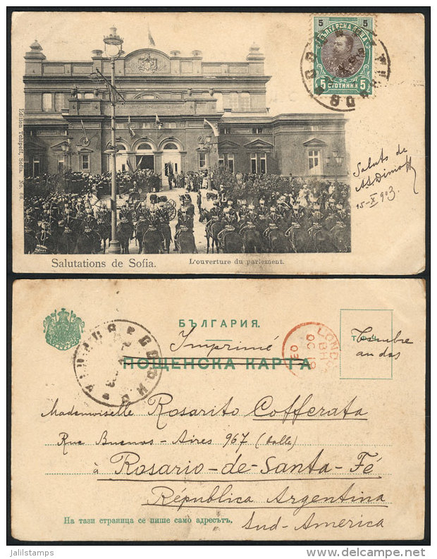 Postcard (Sofia, Opening Of Parliament) Franked With 5c., Sent To Argentina On 15/OC/1903, VF Quality, Rare! - Sonstige & Ohne Zuordnung