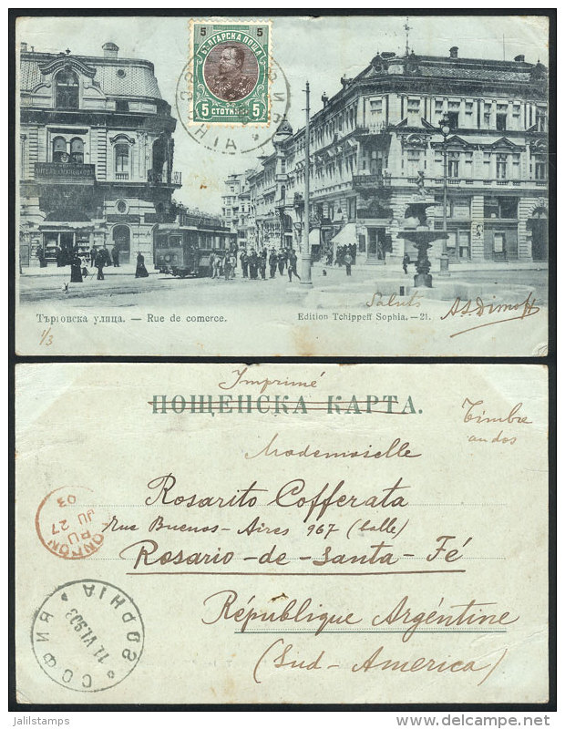 Postcard (Sofia, Commercial Street, Tram) Franked With 5c., Sent To Argentina On 11/JUN/1903, VF Quality, Rare! - Sonstige & Ohne Zuordnung