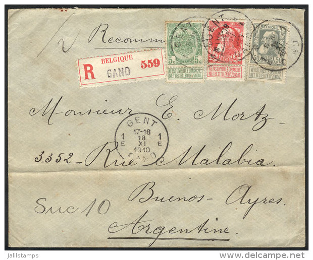 Registered Cover Franked By Sc.84 + 85 + 89 (total 65c.), Sent From Gent To Argentina On 18/NO/1910, Very Handsome! - Andere & Zonder Classificatie