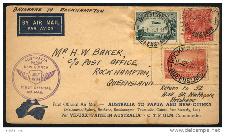 25/JUL/1934 First Flight Brisbane - Rockhampton, Cover With Nice Postage And Arrival Mark On Back, Small Stain... - Autres & Non Classés